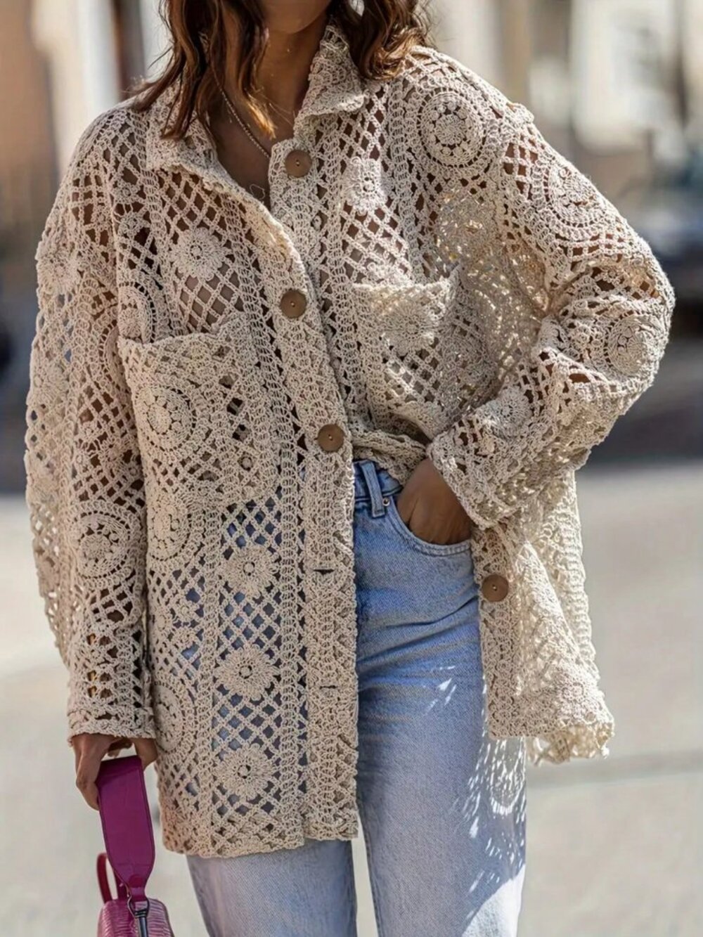 Beige French Style Women's Oversized Loose Knit Hollow Out Cardigan Sweater